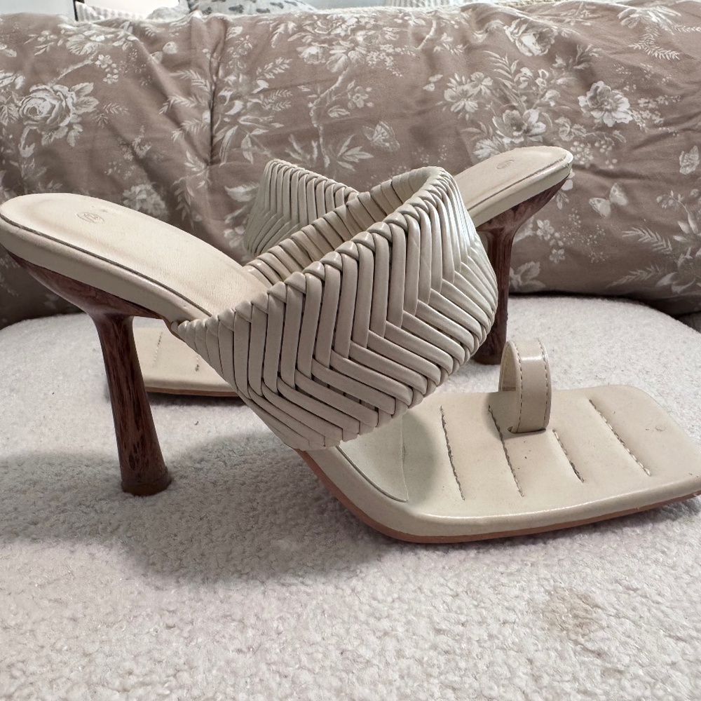 Beige square toe heels